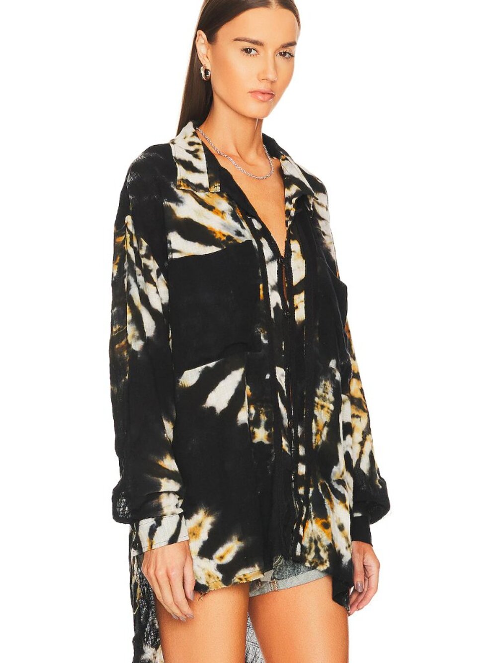 NWT One Teaspoon  Hand Printed Storm Flower Longline Shirt M Buttondown - Picture 2 of 5